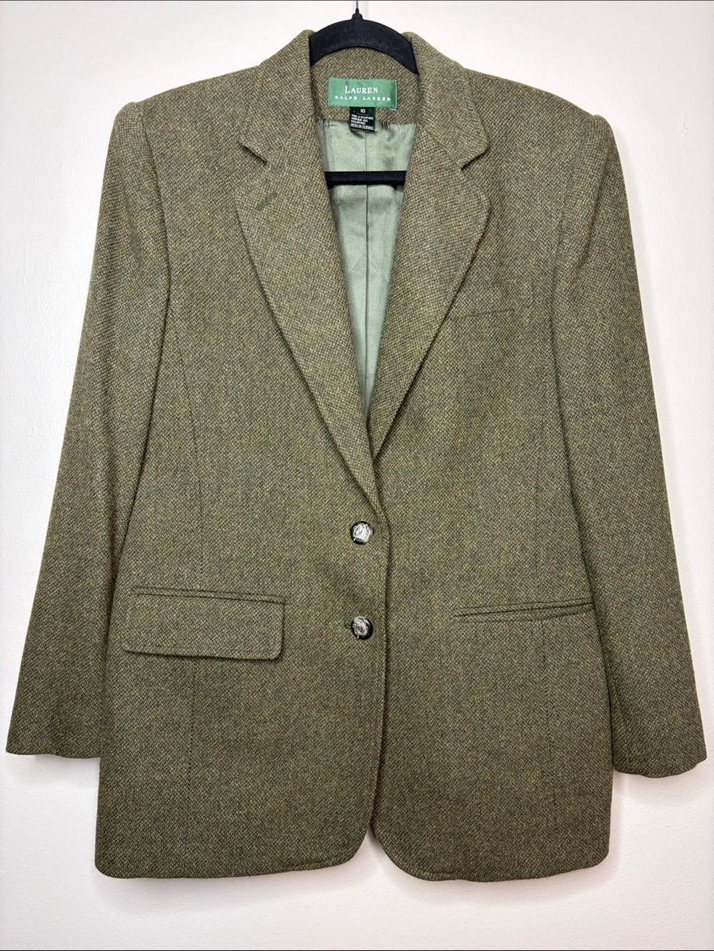 Vintage Lauren Ralph Lauren Olive Green Tweed Blazer Horse Head Buttons Sz 10